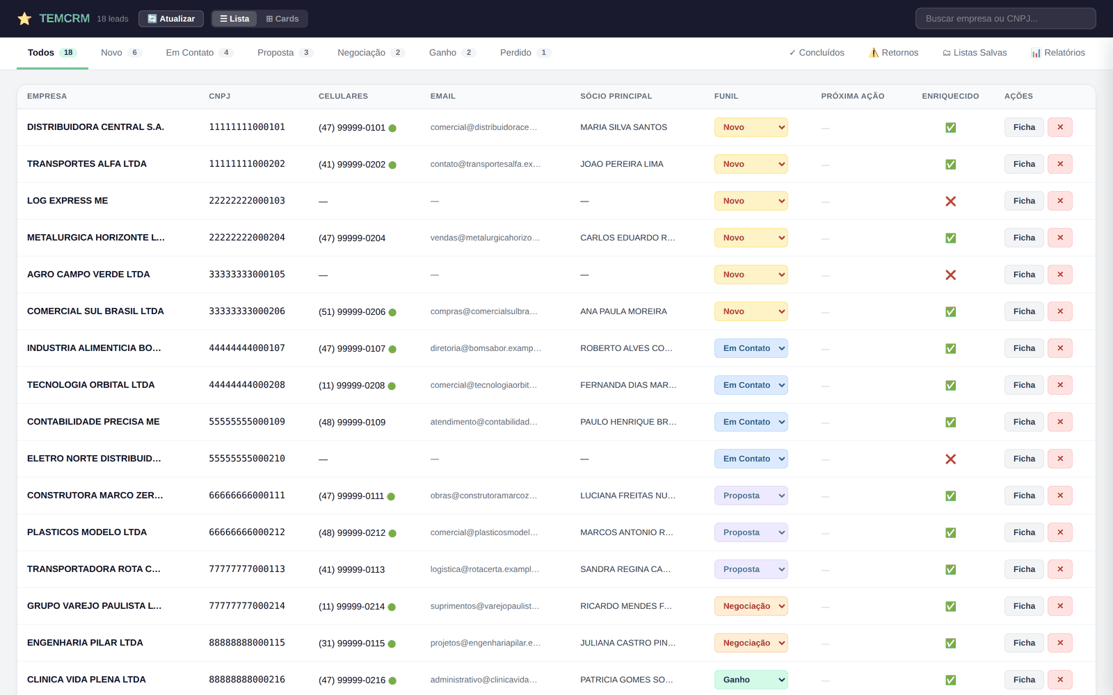 Lista de leads mostrando colunas de celular, e-mail, sócio principal e status de enriquecimento